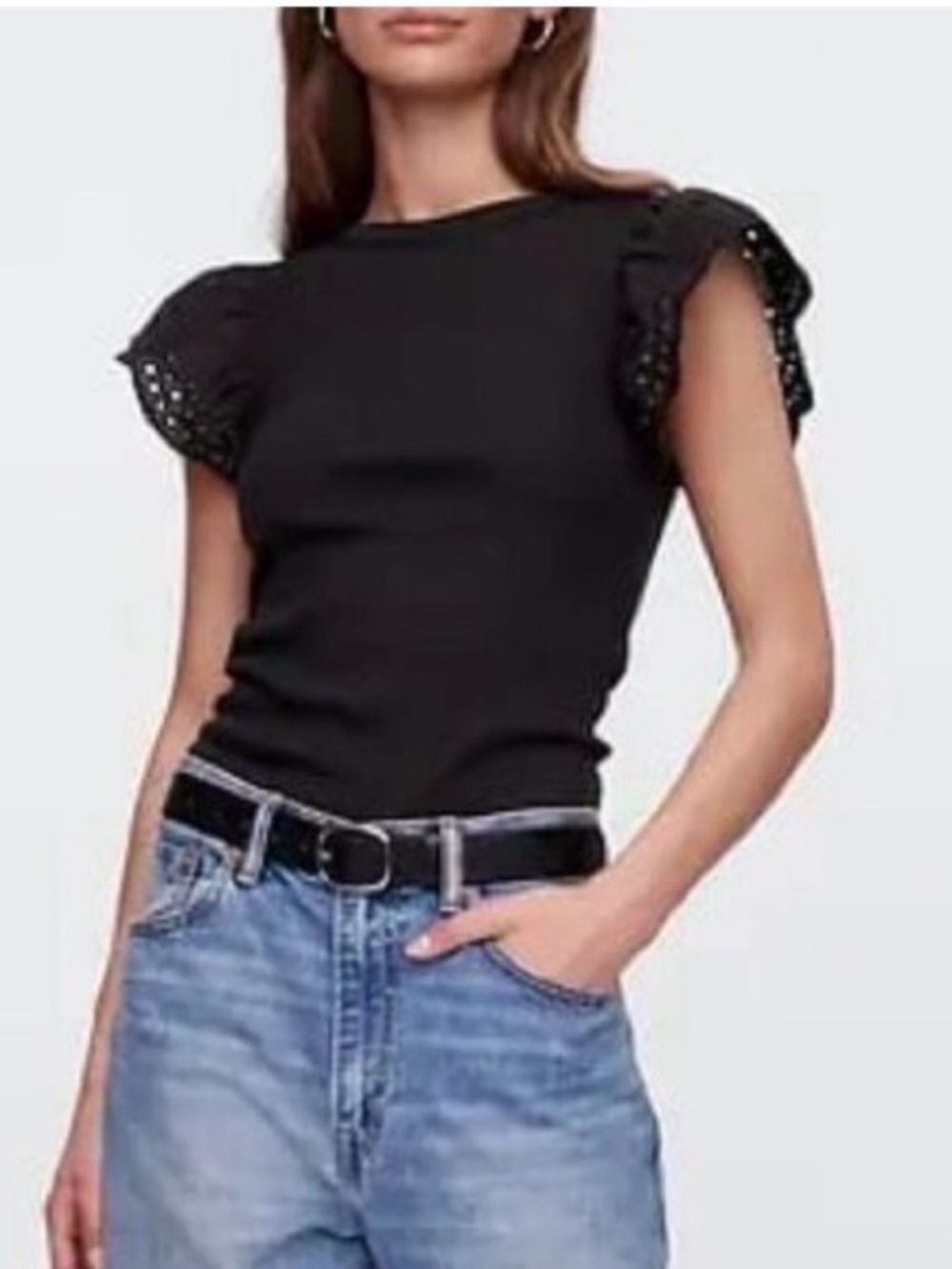 GAP Black T-Shirt Embroidered Eyelet Lace Flutter Sleeves S